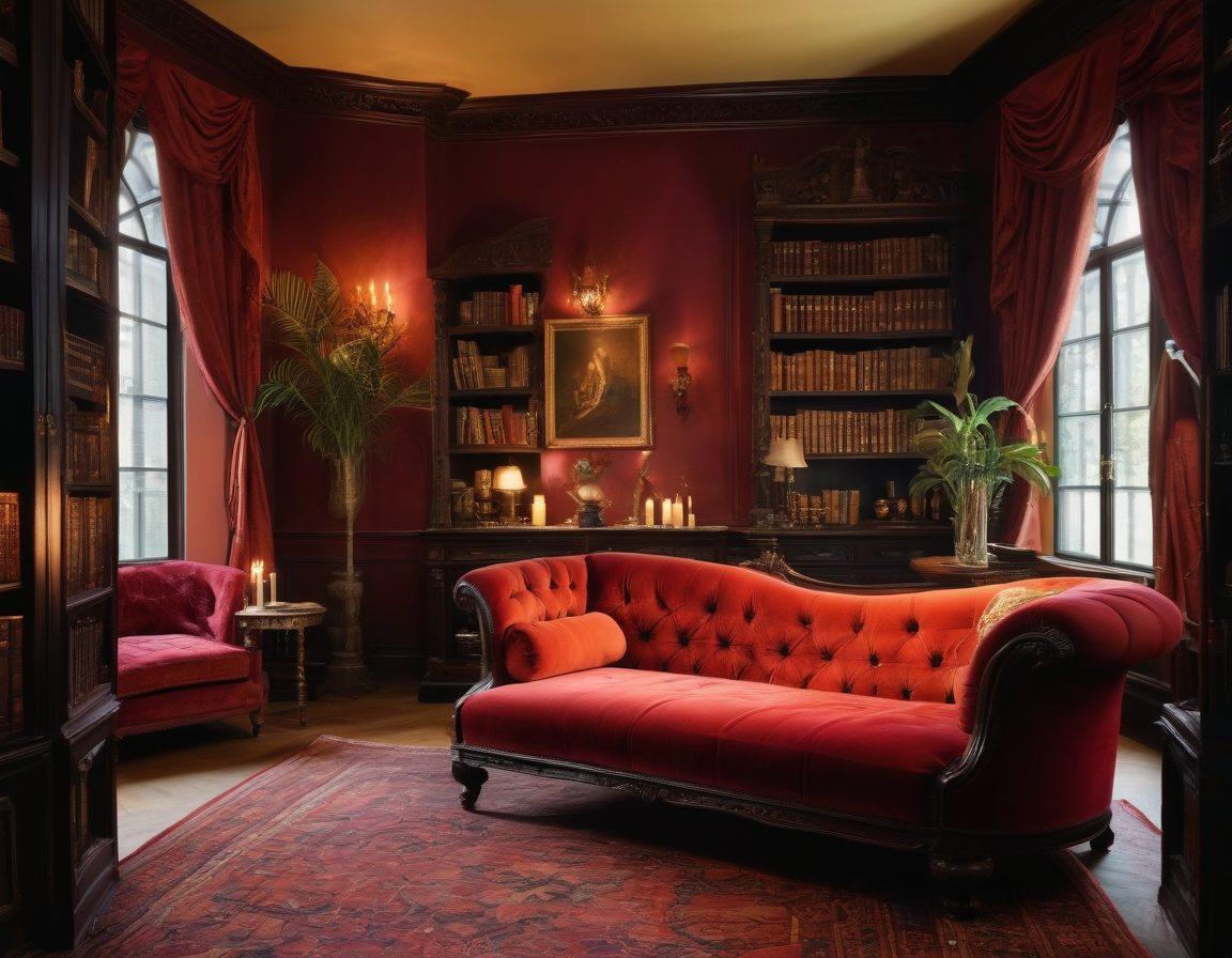 An enchanting library filled with hidden corners, where shadowy parchment scrolls and leather-bound books evoke a sense of mystery. Dimly lit candles cast flickering shadows over pages revealing sensual and risqué illustrations, inviting the viewer to explore forbidden stories. A plush velvet chaise lounge hints at comfort and indulgence, surrounded by exotic plants and artful goblets of rich wine. The atmosphere is seductive and alluring, designed to evoke curiosity and intrigue. super-realistic. warm tones. moody lighting.
