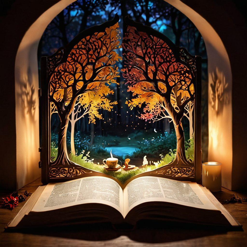 A captivating scene of an open book with pages swirling around, revealing tantalizing illustrations of enchanted woods, sensual silhouettes, and whispering shadows. The atmosphere is imbued with warm, seductive colors, hinting at mystery and allure. Soft glowing lights float around to evoke a sense of magic and adventure. Beside the book, a steaming cup of tea rests, suggesting comfort and inviting readers to dive into the story. artistic illustration. vibrant colors. dreamy ambiance.