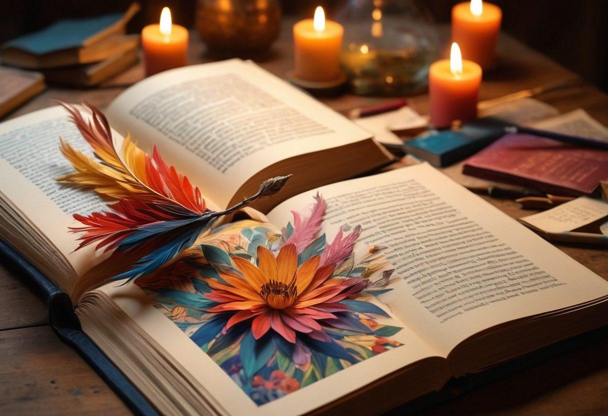 An open book with pages filled with swirling, colorful illustrations of passionate stories intermingling with intimate scenes, showcasing a blend of fantasy and reality. A soft, warm light bathes the scene, inviting the viewer into a world of exploration and allure. Lush, deep colors create contrast between the passion of the tales and the intimacy of the writing. Artistic elements like quills and inkpots scattered around enhance the storytelling ambiance. rich colors. painting. soft focus.
